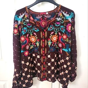 Johnny Was beautifully embroidered button down long sleeve blouse